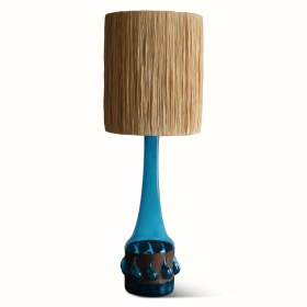 Blue Glass Lamp with Raffia Shade